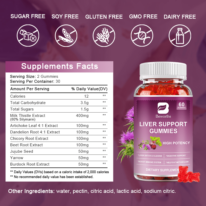 BEWORTHS LIVER SUPPORT GUMMIES WITH MILK THISTLE EXTRACT - CLEANSE, DETOX & REPAIR - 60 GUMMIES