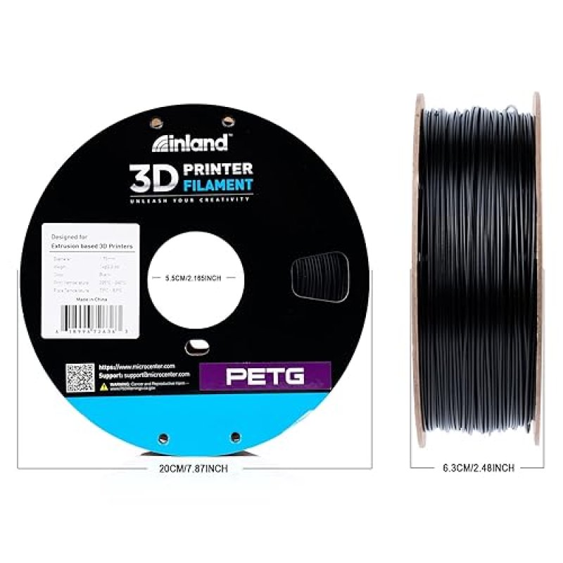 INLAND MICRO CENTER BLACK PETG FILAMENT 1.75MM - 1KG SPOOL - +/- 0.03MM ACCURACY