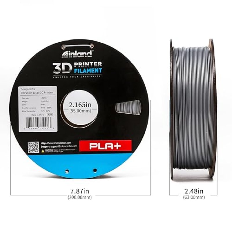 INLAND SILVER PLA PRO 3D PRINTER FILAMENT 1KG SPOOL, 1.75MM, +/- 0.03MM ACCURACY