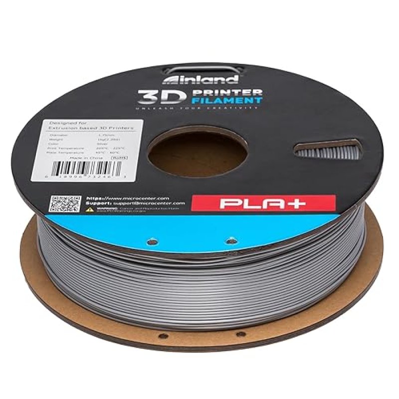 INLAND SILVER PLA PRO 3D PRINTER FILAMENT 1KG SPOOL, 1.75MM, +/- 0.03MM ACCURACY