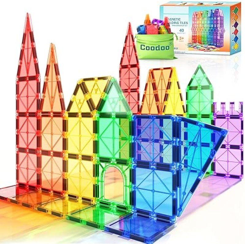 COODOO MAGNETIC TILES STEM TOY SET FOR TODDLERS - 40PCS BUILDING BLOCKS FOR CREATIVE LEARNING - SAFE MONTESSORI TOY FOR BOYS AND GIRLS 3+