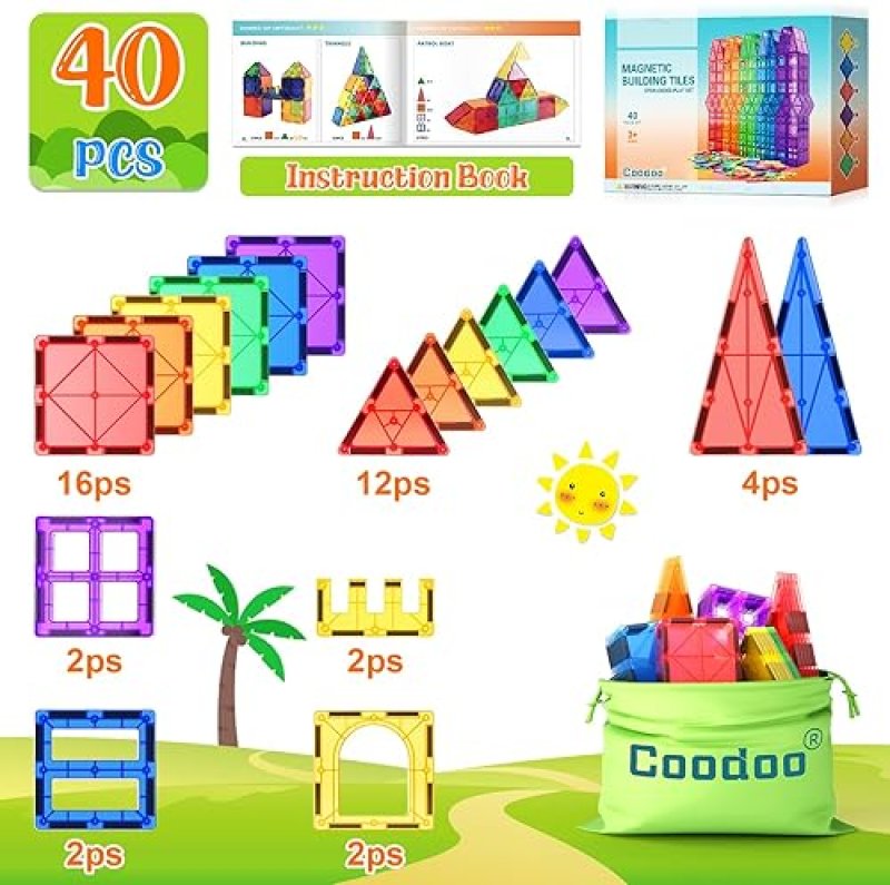 COODOO MAGNETIC TILES STEM TOY SET FOR TODDLERS - 40PCS BUILDING BLOCKS FOR CREATIVE LEARNING - SAFE MONTESSORI TOY FOR BOYS AND GIRLS 3+