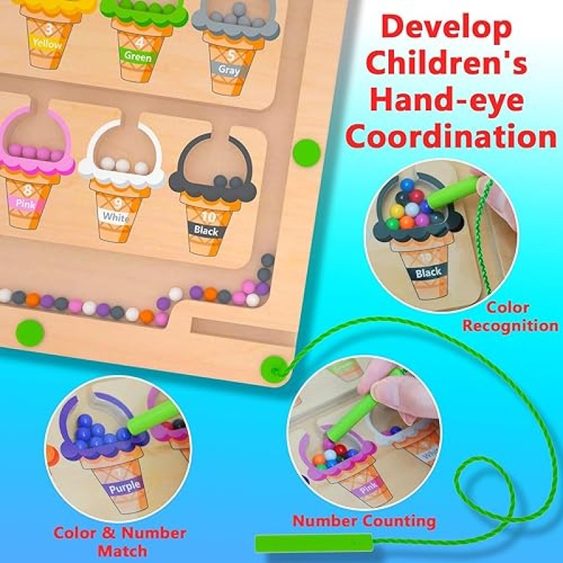 MONTESSORI MAGNETIC COLOR & NUMBER MAZE PUZZLE BOARD FOR TODDLERS 3-5 YEARS - EDUCATIONAL WOODEN TOY