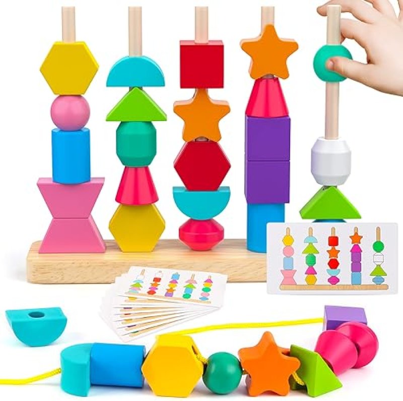 MONTESSORI WOODEN TOY SET FOR 2-5 YEAR OLDS - SEQUENCING, STACKING, LACING & MATCHING SHAPES - STEM PRESCHOOL LEARNING GIFT