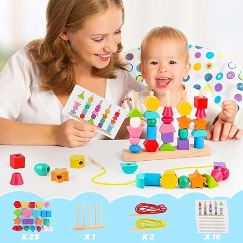 MONTESSORI WOODEN TOY SET FOR 2-5 YEAR OLDS - SEQUENCING, STACKING, LACING & MATCHING SHAPES - STEM PRESCHOOL LEARNING GIFT