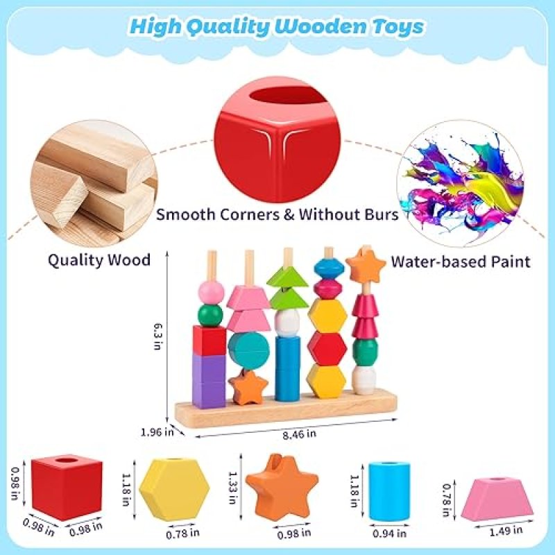 MONTESSORI WOODEN TOY SET FOR 2-5 YEAR OLDS - SEQUENCING, STACKING, LACING & MATCHING SHAPES - STEM PRESCHOOL LEARNING GIFT