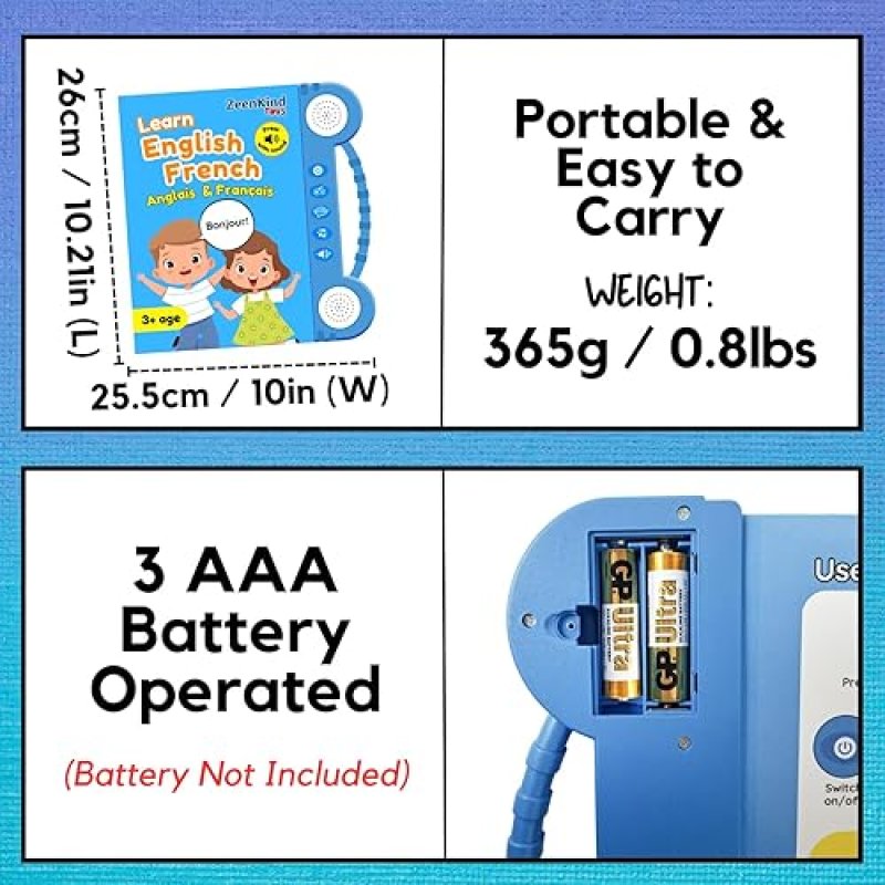 ZEENKIND FRENCH ENGLISH TALKING LEARNING BOOK FOR KIDS 2-6 YEARS, INTERACTIVE AUDIO SOUND BOOKS, EDUCATIONAL BILINGUAL TOY