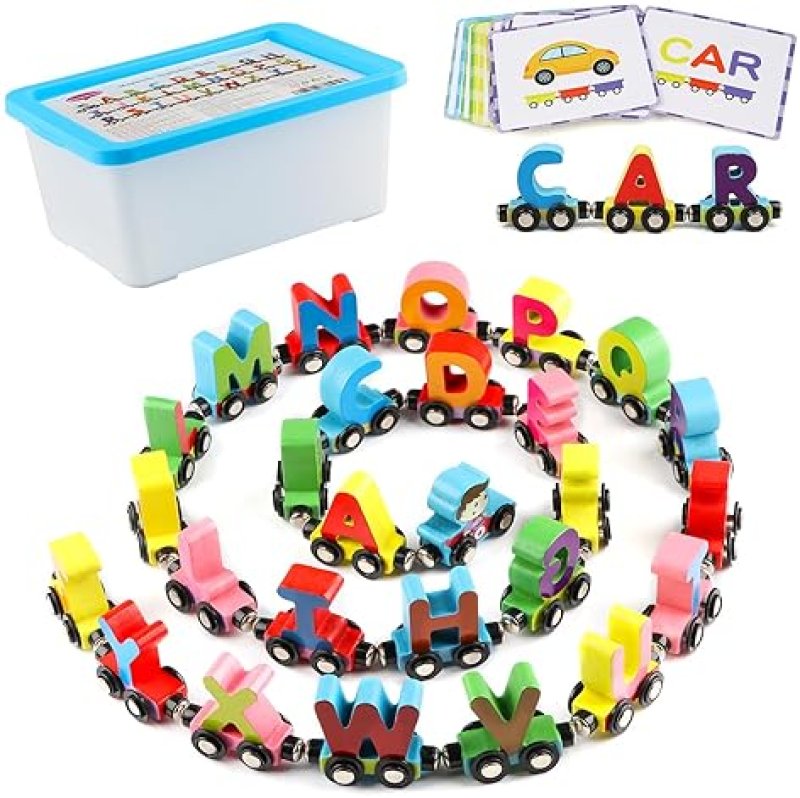 WONDERTOYS WOODEN ALPHABET TRAIN TOY SET WITH FLASH CARDS AND STORAGE BOX FOR TODDLERS