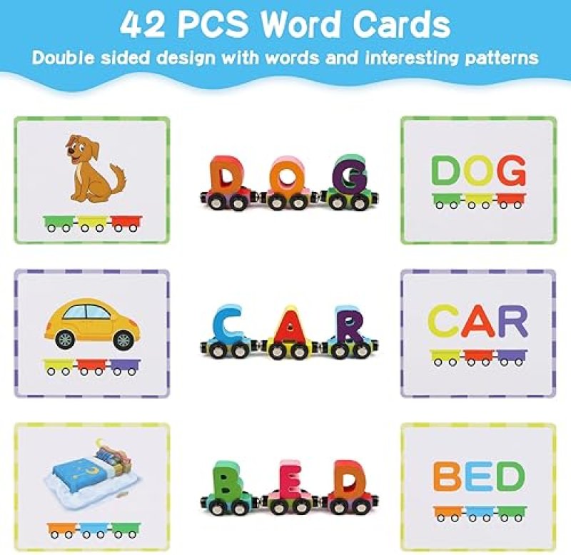 WONDERTOYS WOODEN ALPHABET TRAIN TOY SET WITH FLASH CARDS AND STORAGE BOX FOR TODDLERS