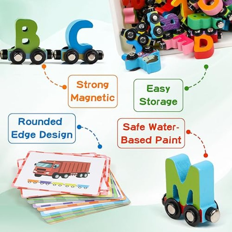 WONDERTOYS WOODEN ALPHABET TRAIN TOY SET WITH FLASH CARDS AND STORAGE BOX FOR TODDLERS