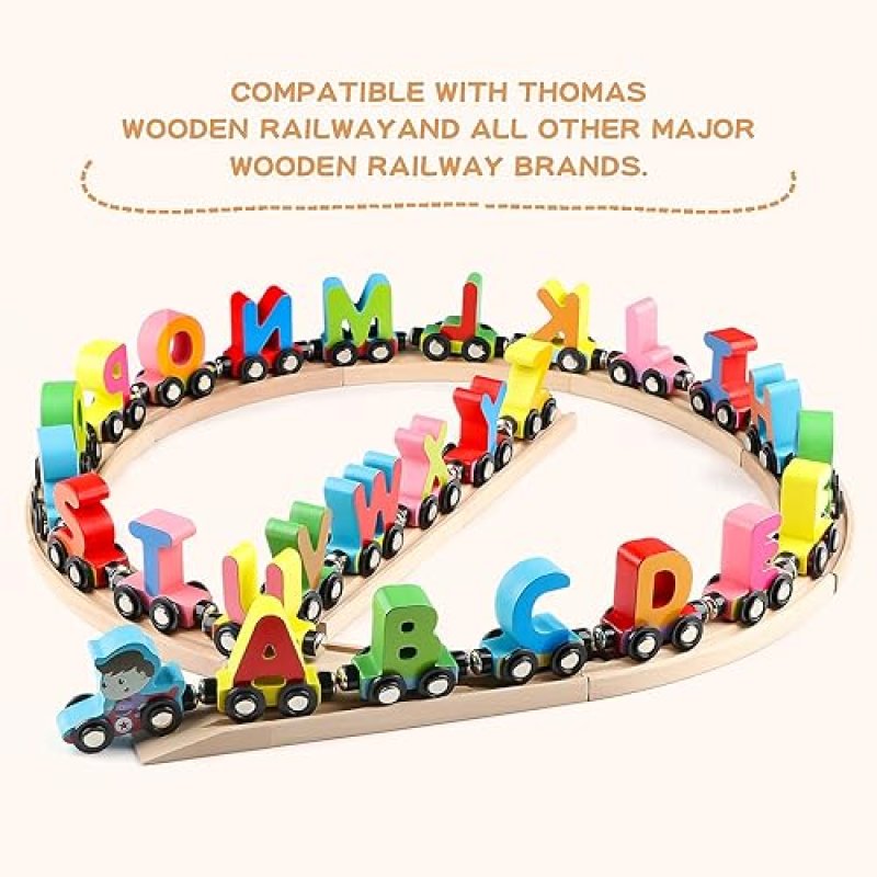 WONDERTOYS WOODEN ALPHABET TRAIN TOY SET WITH FLASH CARDS AND STORAGE BOX FOR TODDLERS