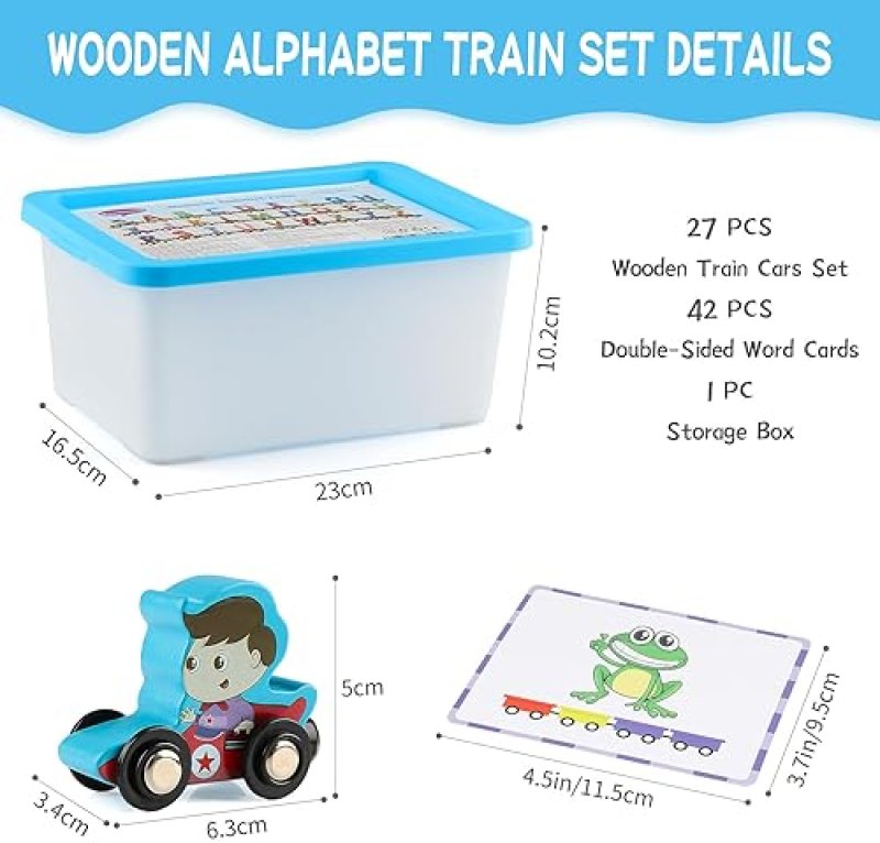 WONDERTOYS WOODEN ALPHABET TRAIN TOY SET WITH FLASH CARDS AND STORAGE BOX FOR TODDLERS