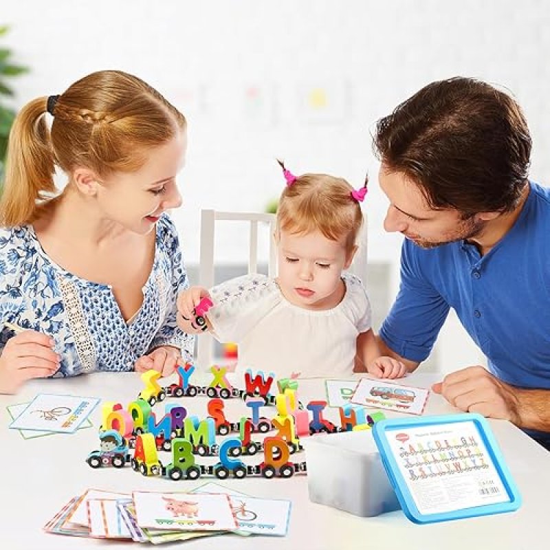 WONDERTOYS WOODEN ALPHABET TRAIN TOY SET WITH FLASH CARDS AND STORAGE BOX FOR TODDLERS
