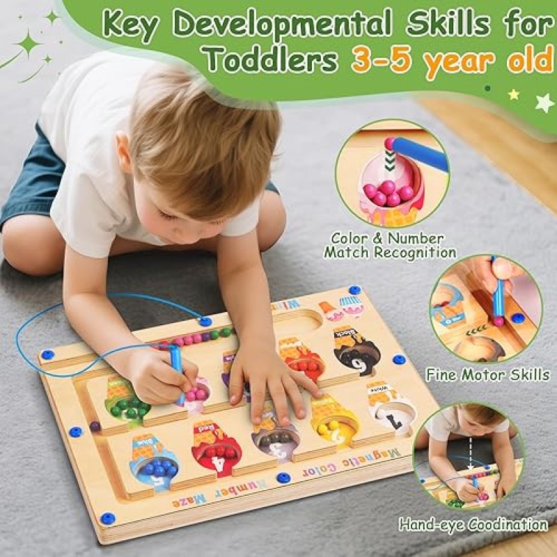 WINNROK MONTESSORI MAGNETIC MAZE BOARD TOY FOR 3-5 YEAR OLDS: WOOD COLOR & NUMBER MAZE