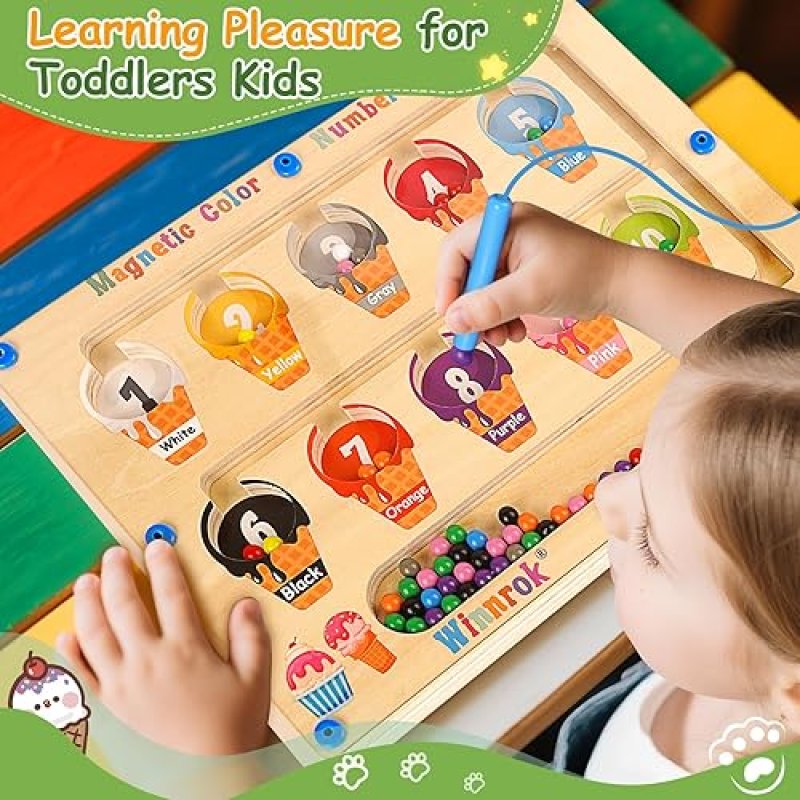 WINNROK MONTESSORI MAGNETIC MAZE BOARD TOY FOR 3-5 YEAR OLDS: WOOD COLOR & NUMBER MAZE