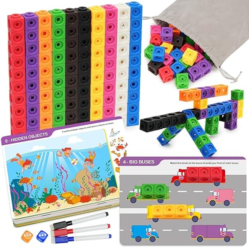 LOTFANCY BENBEN MATH MANIPULATIVES BLOCKS SET FOR KIDS, 100PCS COUNTING CUBES, STEM EDUCATIONAL TOYS WITH GAME CARDS & STORAGE BAG