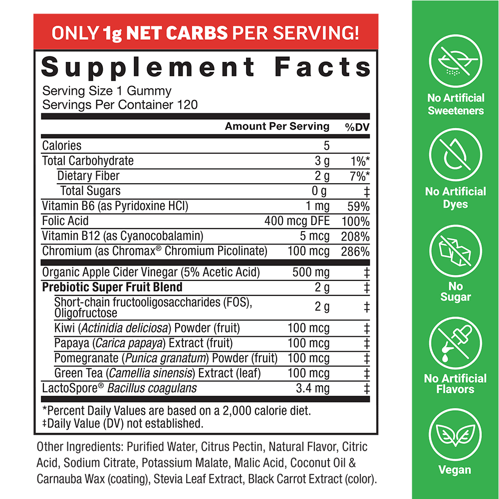 FORCE FACTOR ORGANIC APPLE CIDER VINEGAR GUMMIES WITH PROBIOTICS FOR DIGESTION & METABOLISM, 120CT