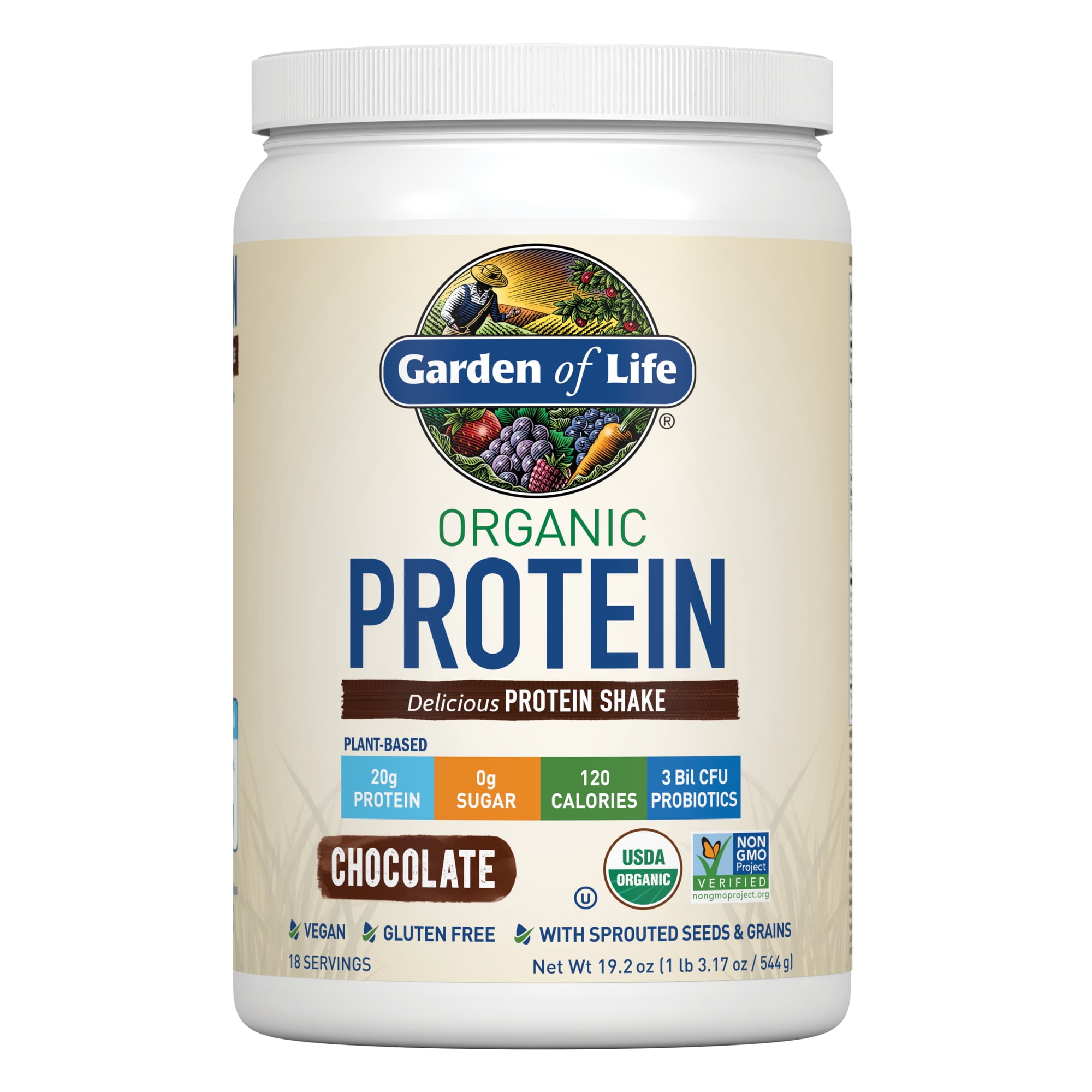 GARDEN OF LIFE ORGANIC PLANT-BASED PROBIOTIC PROTEIN SHAKE POWDER FOR DIGESTIVE HEALTH - VEGAN CHOCOLATE 20OZ