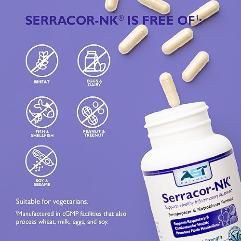 AST ENZYMES SERRACOR-NK: PROTEOLYTIC ENZYME FORMULA WITH SERRAPEPTASE & NATTOKINASE - 90 CAPSULES