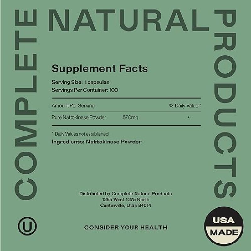 COMPLETE NATURAL NATTOKINASE CAPSULES - 100 COUNT 570MG 6000FU, HEALTHY CIRCULATION SUPPORT, GLUTEN-FREE, VEGAN