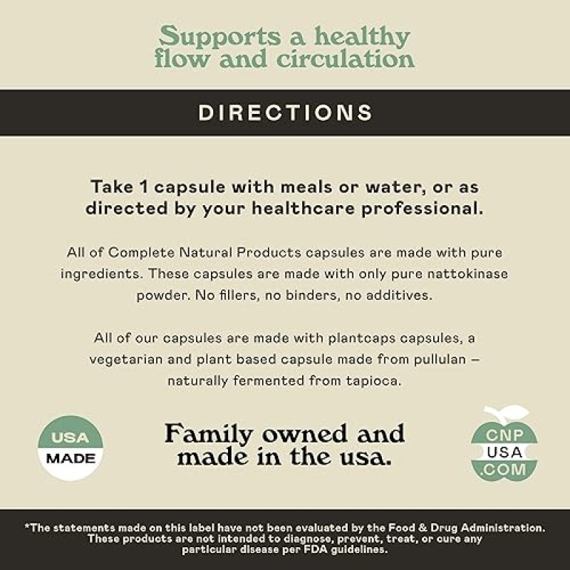 COMPLETE NATURAL NATTOKINASE CAPSULES - 100 COUNT 570MG 6000FU, HEALTHY CIRCULATION SUPPORT, GLUTEN-FREE, VEGAN