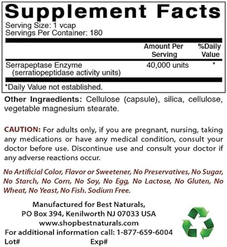 BEST NATURAL SERRAPEPTASE 40000 SPUS 540 CAPSULES PACK OF 3