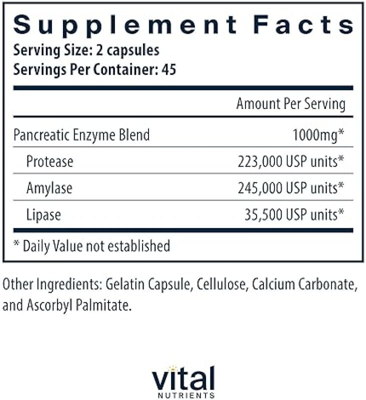 VITAL NUTRIENTS PANCREATIC ENZYMES 1000MG DIGESTIVE SUPPLEMENT | PROTEASE, AMYLASE & LIPASE | 90 CAPSULES