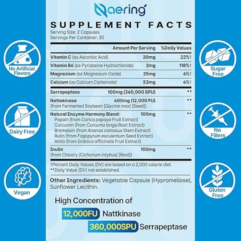 NAERING ENZYME SUPPLEMENT WITH NATTOKINASE & SERRAPEPTASE - SUPPORTS CIRCULATORY, GUT HEALTH - 60 CAPSULES (2 BOTTLES)