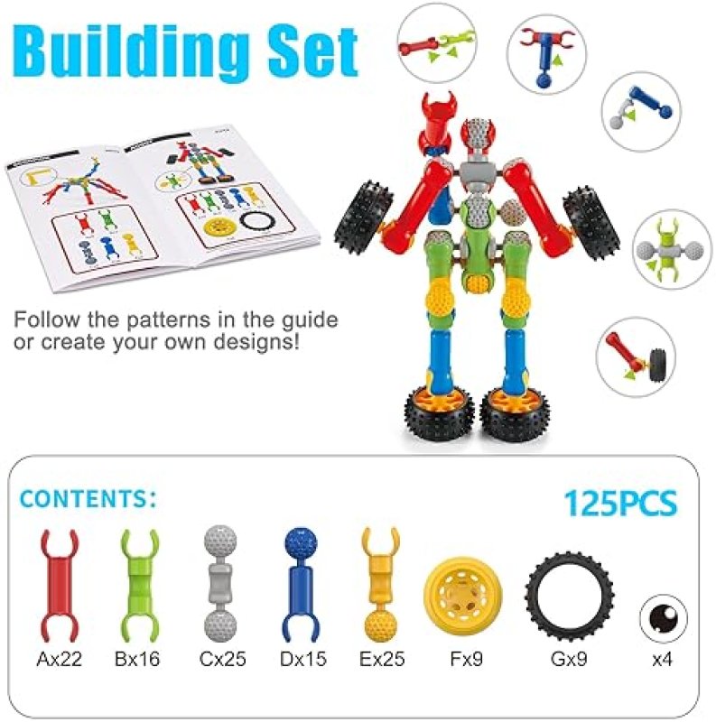 QIRPTEY 125-PIECE STEM BUILDING BLOCKS KIT FOR AGES 3-8, EDUCATIONAL TOY FOR BOYS AND GIRLS, CREATIVE ENGINEERING GAMES