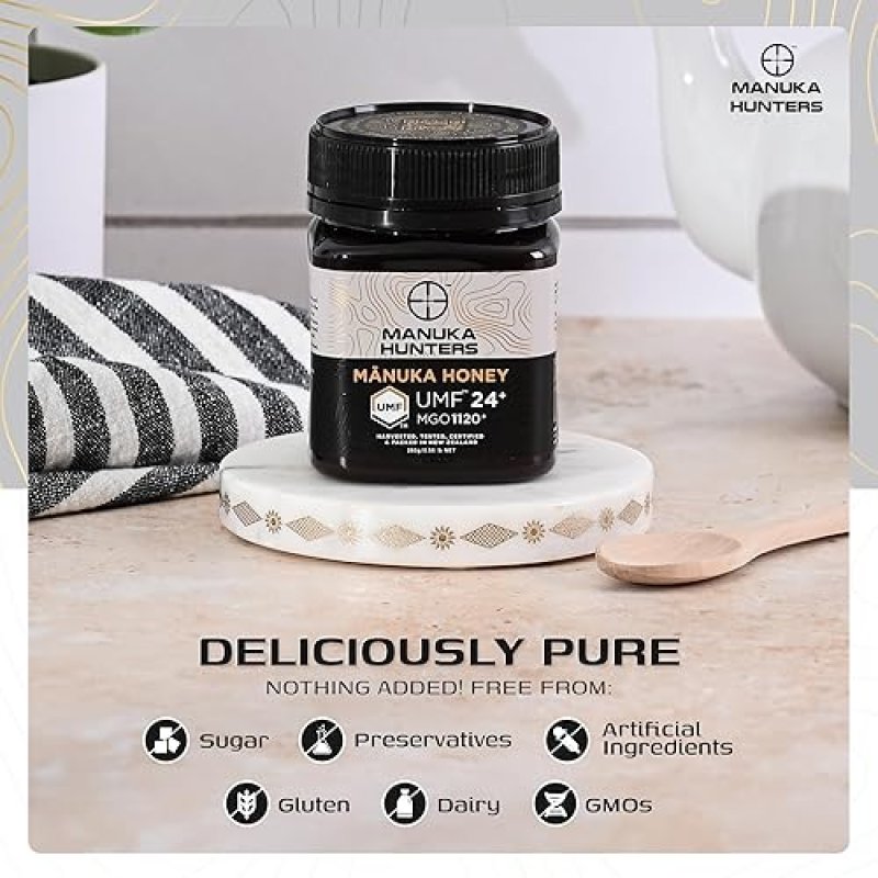 NZ HONEY UMF 24+ MANUKA HONEY - PURE NEW ZEALAND SWEETENER - GLUTEN, DAIRY FREE - IDEAL FOR TEA, COFFEE, SMOOTHIES - 8.8OZ JAR