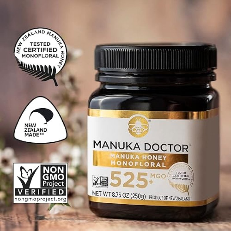 MANUKA DOCTOR MGO 525+ MONOFLORAL MANUKA HONEY, 100% PURE NZ, CERTIFIED, RAW (8.75 OZ)