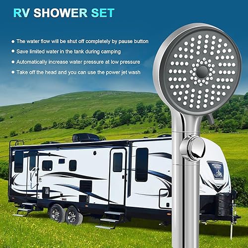 FOCSPROD HIGH PRESSURE 5 MODE RV SHOWER HEAD WITH HOSE FOR WATER SAVING AND TRAVEL TRAILERS
