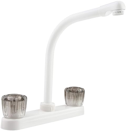 DURA FAUCET RV KITCHEN SINK FAUCET WITH SMOKED ACRYLIC KNOBS - WHITE FINISH