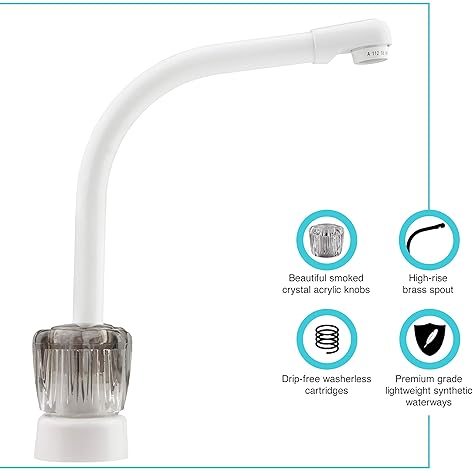 DURA FAUCET RV KITCHEN SINK FAUCET WITH SMOKED ACRYLIC KNOBS - WHITE FINISH