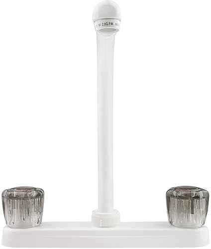 DURA FAUCET RV KITCHEN SINK FAUCET WITH SMOKED ACRYLIC KNOBS - WHITE FINISH