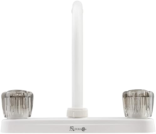 DURA FAUCET RV KITCHEN SINK FAUCET WITH SMOKED ACRYLIC KNOBS - WHITE FINISH