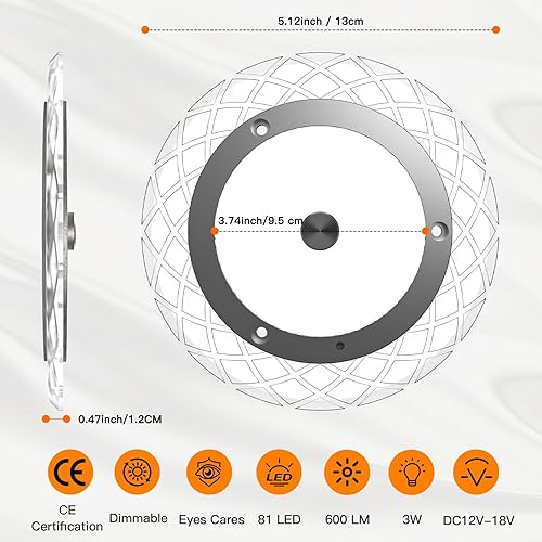 BLUEFIRE DIMMABLE LED RV INTERIOR CEILING LIGHTS - 600LM, 4 COLORS, DIMMER SWITCH - UNDER CABINET, CAMPER, TRUCK - 12-18V (3 PACK)