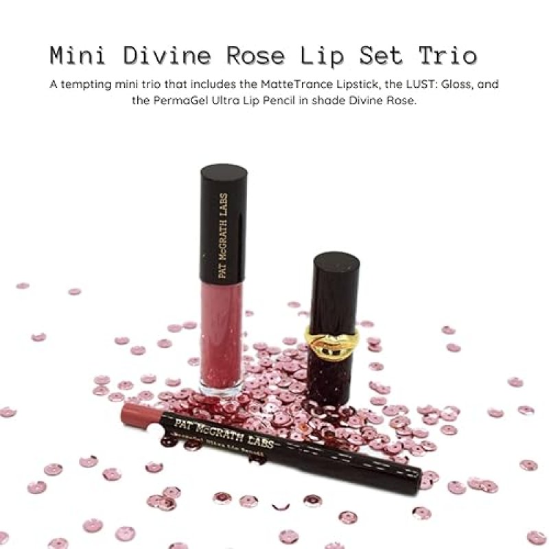 PAT MCGRATH MINI DIVINE ROSE LIP TRIO SET FOR WOMEN - MATTETRANCE LIPSTICK, LUST GLOSS, PERMAGEL LIP PENCIL