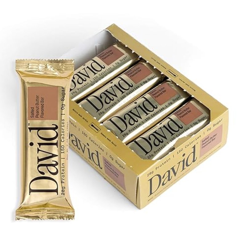 DAVID SUGAR-FREE HIGH PROTEIN BARS - LOW CARB, GLUTEN-FREE SNACK - 28G PROTEIN, 150 CALORIES - SALTED PEANUT BUTTER FLAVOR - PACK OF 12