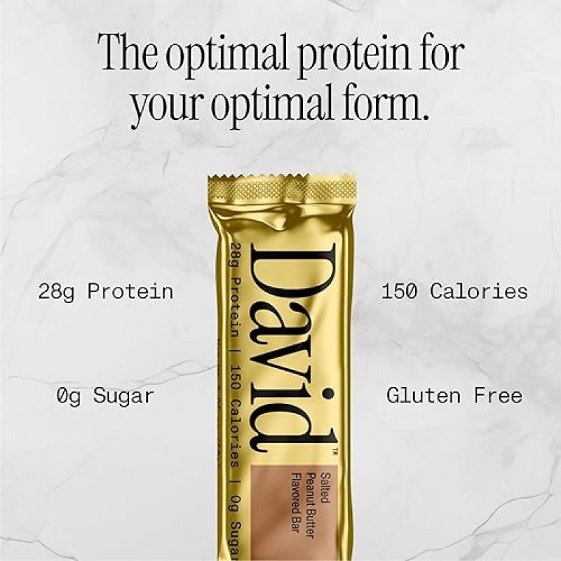 DAVID SUGAR-FREE HIGH PROTEIN BARS - LOW CARB, GLUTEN-FREE SNACK - 28G PROTEIN, 150 CALORIES - SALTED PEANUT BUTTER FLAVOR - PACK OF 12