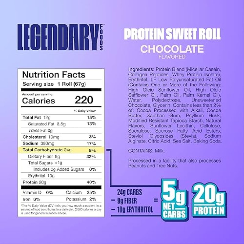 LEGENDARY FOODS 20G PROTEIN WILDBERRY SWEET ROLL BARS - LOW CARB MEAL REPLACEMENT SNACK, GLUTEN FREE, KETO & DIABETIC FRIENDLY - 8 PACK (CHOCOLATE)