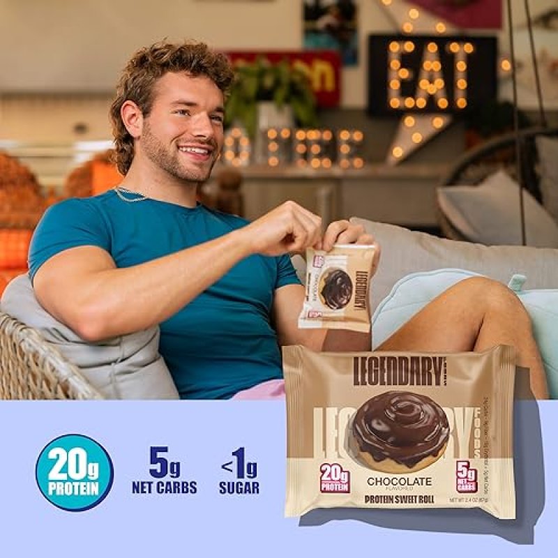 LEGENDARY FOODS 20G PROTEIN WILDBERRY SWEET ROLL BARS - LOW CARB MEAL REPLACEMENT SNACK, GLUTEN FREE, KETO & DIABETIC FRIENDLY - 8 PACK (CHOCOLATE)