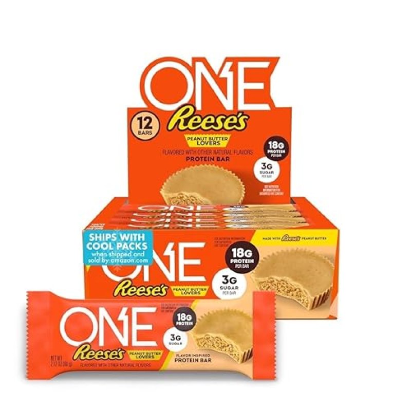 HERSHEY'S REESE'S PEANUT BUTTER LOVERS ONE PROTEIN BARS - GLUTEN FREE, 18G PROTEIN, 3G SUGAR - 2.12 OZ (12 PACK)