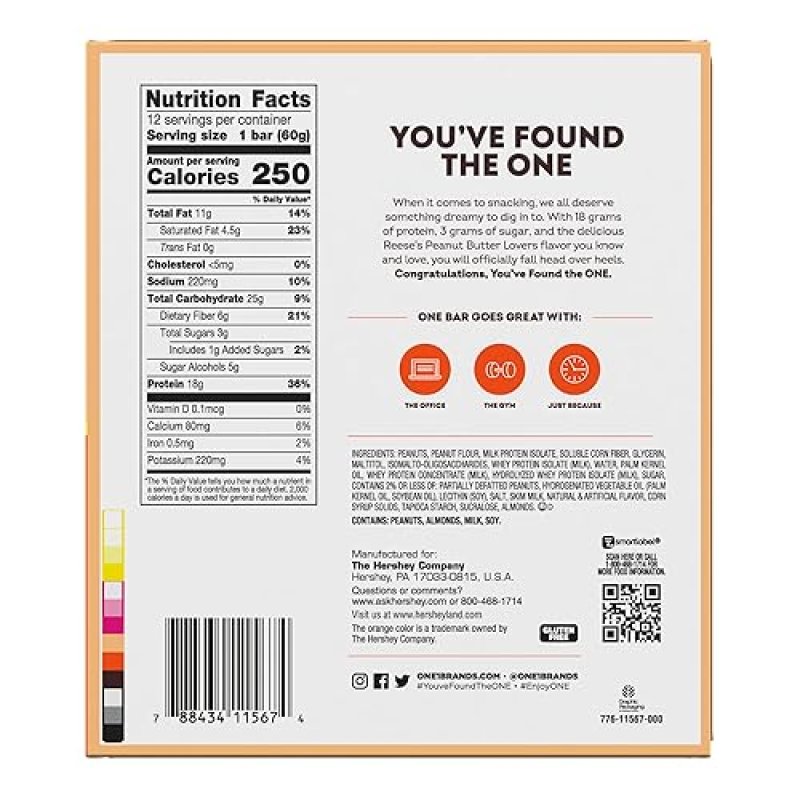 HERSHEY'S REESE'S PEANUT BUTTER LOVERS ONE PROTEIN BARS - GLUTEN FREE, 18G PROTEIN, 3G SUGAR - 2.12 OZ (12 PACK)