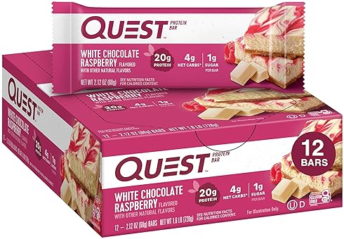 QUEST NUTRITION WHITE CHOCOLATE RASPBERRY BARS - HIGH PROTEIN, LOW CARB, GLUTEN-FREE, KETO-FRIENDLY - 12 PACK