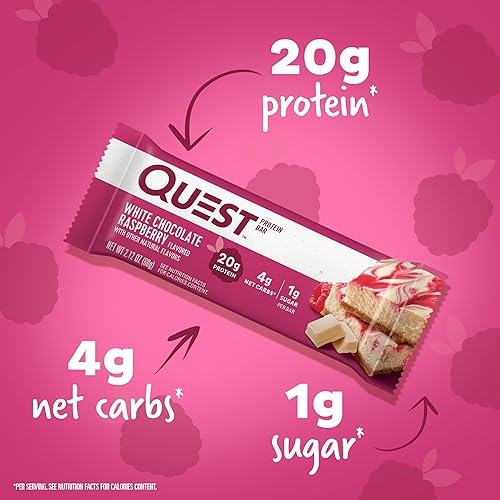 QUEST NUTRITION WHITE CHOCOLATE RASPBERRY BARS - HIGH PROTEIN, LOW CARB, GLUTEN-FREE, KETO-FRIENDLY - 12 PACK