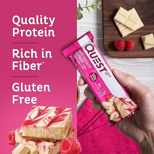 QUEST NUTRITION WHITE CHOCOLATE RASPBERRY BARS - HIGH PROTEIN, LOW CARB, GLUTEN-FREE, KETO-FRIENDLY - 12 PACK