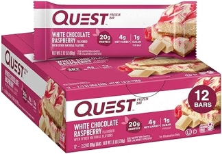 QUEST NUTRITION WHITE CHOCOLATE RASPBERRY BARS - HIGH PROTEIN, LOW CARB, GLUTEN-FREE, KETO-FRIENDLY - 12 PACK