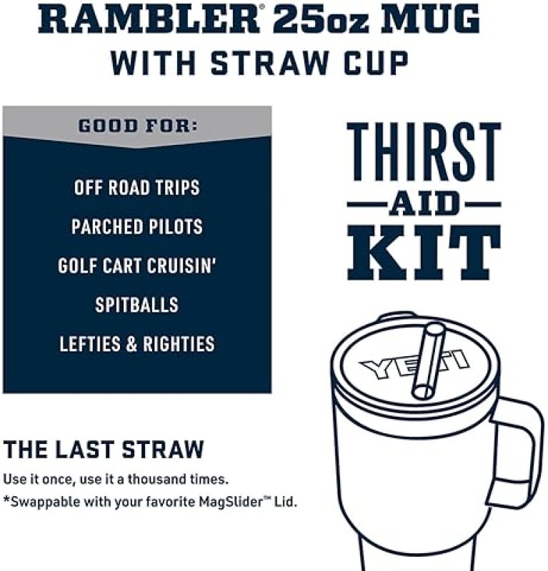 YETI RAMBLER 25 OZ TUMBLER WITH HANDLE AND STRAW LID - STAINLESS STEEL TRAVEL MUG