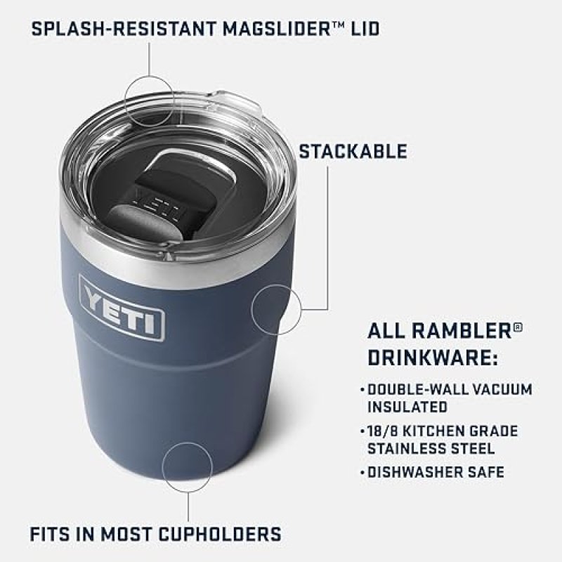 YETI RAMBLER 16 OZ STACKABLE TUMBLER, STAINLESS STEEL, INSULATED WITH MAGSLIDER LID